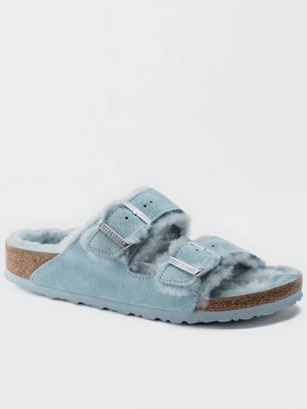 Birkenstock Arizona Shearling sandal in a light blue or stone blue suede 39